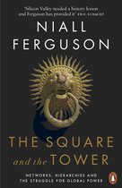 Boek kaft van 'The Square and the Tower' met de titel, auteur Niall Ferguson en een afbeelding van een leeuwenkop deurklopper.