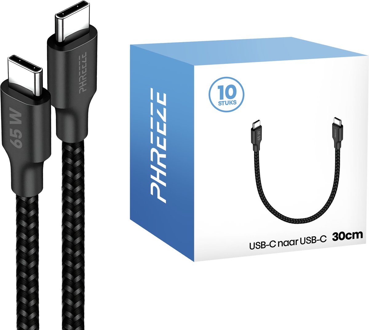 Usb C kabels 30cm kort - Grootverpakking - 65w, 480mbps, nylon gevlochten, zwart - Phreeze