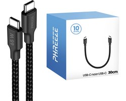 Usb C kabels 30cm kort - Grootverpakking - 65w, 480mbps, nylon gevlochten, zwart - Phreeze