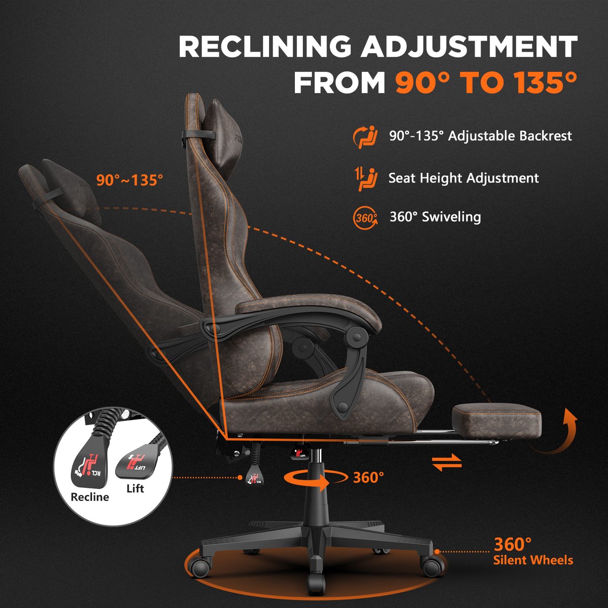 Soontrans-Gaming Stoel-Inklapbare Voetensteun-Gamestoel Verstelbaar Rugleuning-Ergonomische Gaming Chair-Bureaustoel-Max Draagvermogen 120 kg-PU Kunstleer Computerstoel Gaming Voor Volwassenen en Jongeren-Bruin thumbnail 6