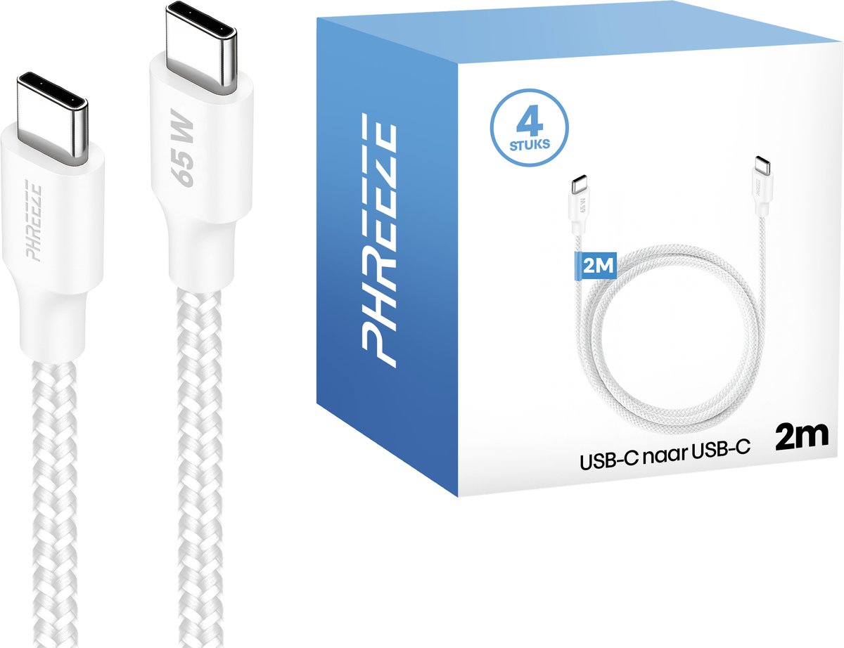 4x 65w usb C naar usb C kabel - Stevig nylon gevlochten - Snellader - 2 meter