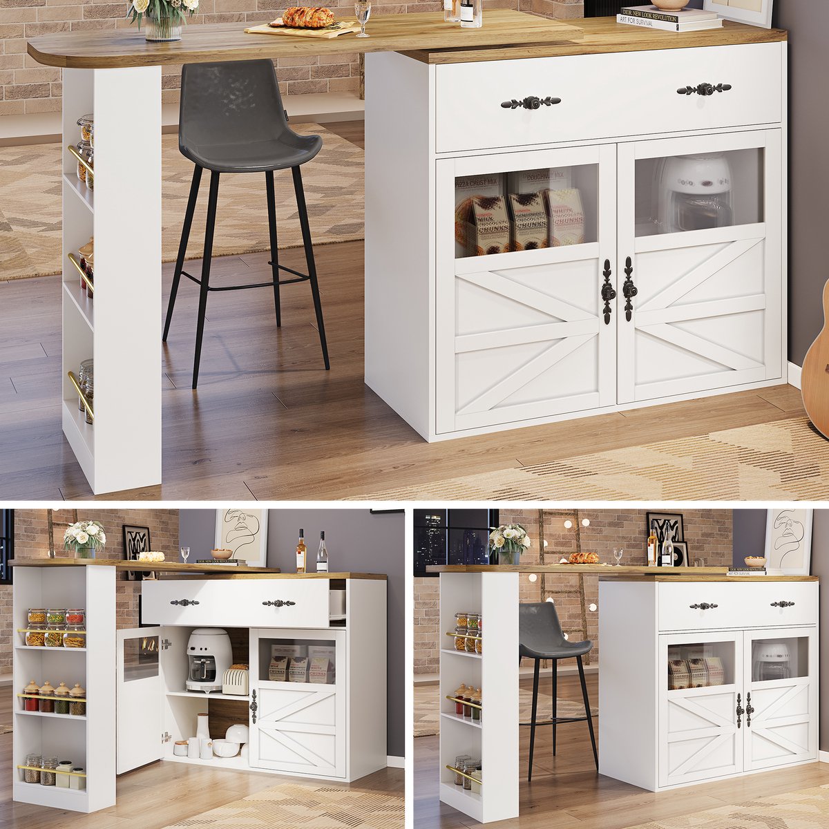 Uitschuifbare Bartafel (138-204x39x104 cm) - 360° Draaibare Witte Bar - Beweegbaar Keuken Eiland met Opbergplanken (Zonder Glas)