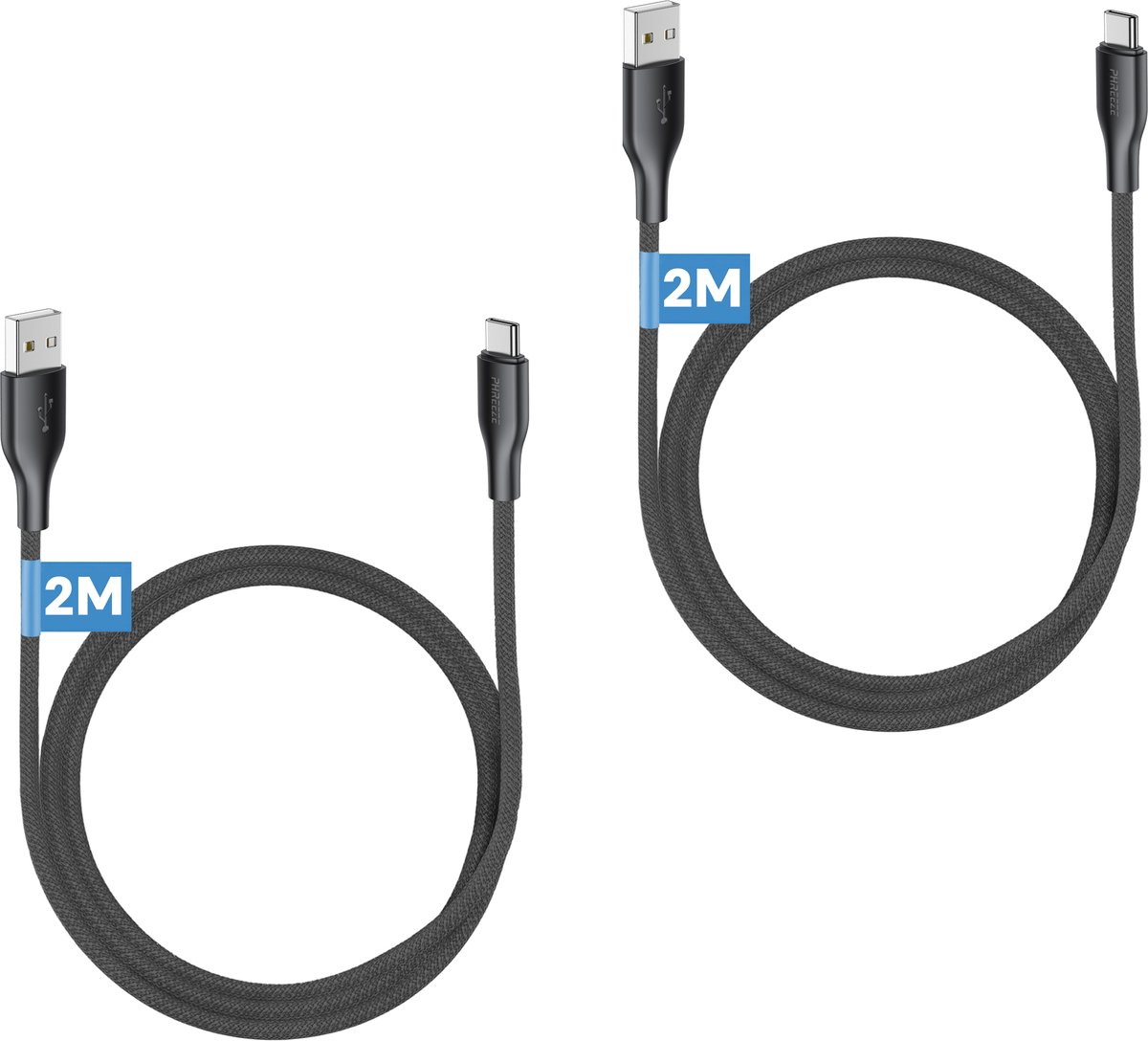 2x lange oplaadkabel usb C - 2 meter - data & opladen - Usb A naar usb C kabel - Phreeze