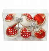 Boules de Noël rustiques 5 cm - Set de 6 avec cœurs rouges