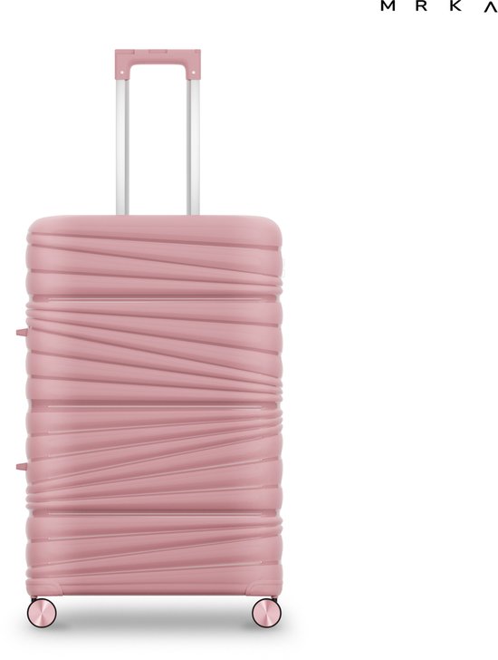 Roze reiskoffer handbagage met ribbelpatroon, uittrekbaar handvat en 360° wielen.