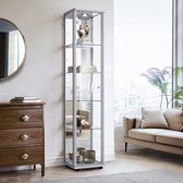 Vitrine sur pied en verre avec 1 porte, 4 étagères en verre réglables en hauteur, miroir et serrure - Vitrine avec éclairage LED - 176 x 37 x 33 cm - Couleur argent