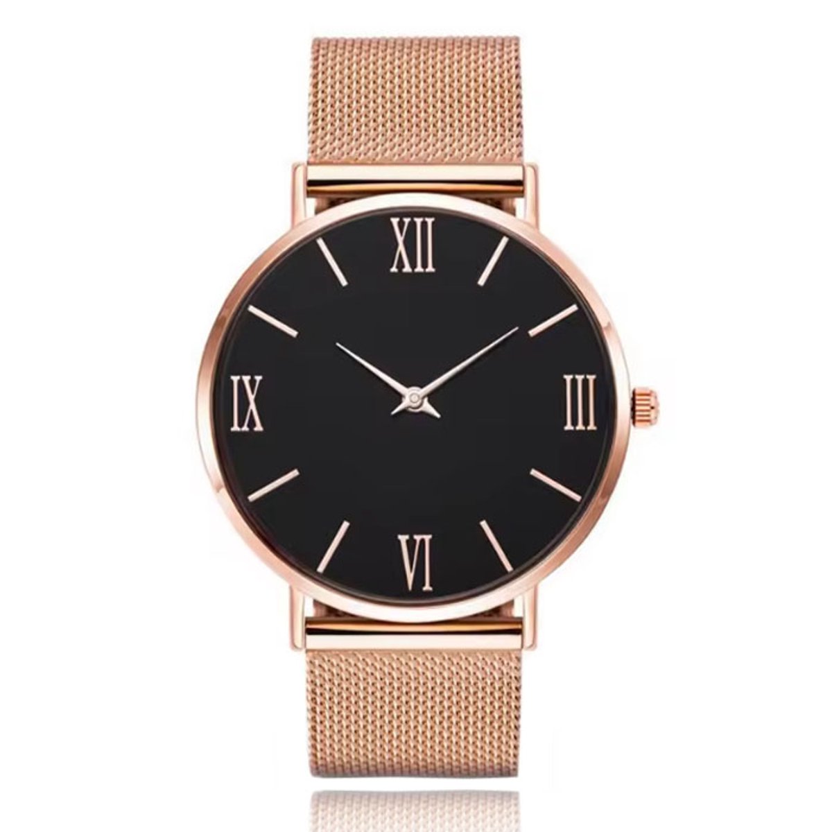 Elegant dameshorloge met zwarte wijzerplaat en roségoudkleurige mesh band