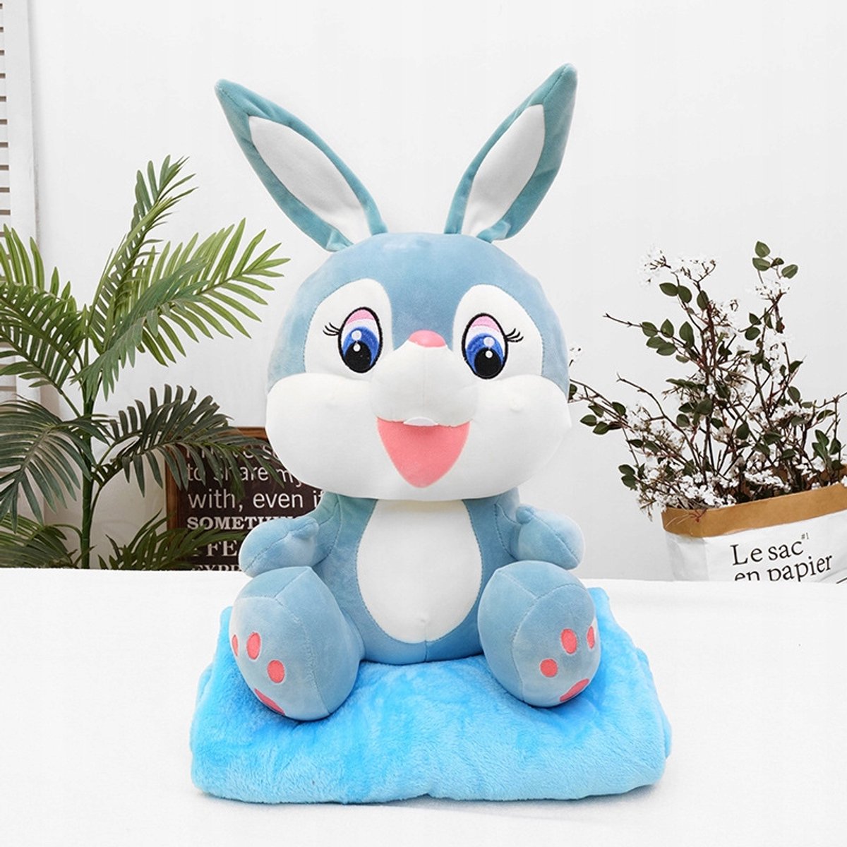 Pluche Blauwe Konijn Knuffel met Dekentje 3-in-1