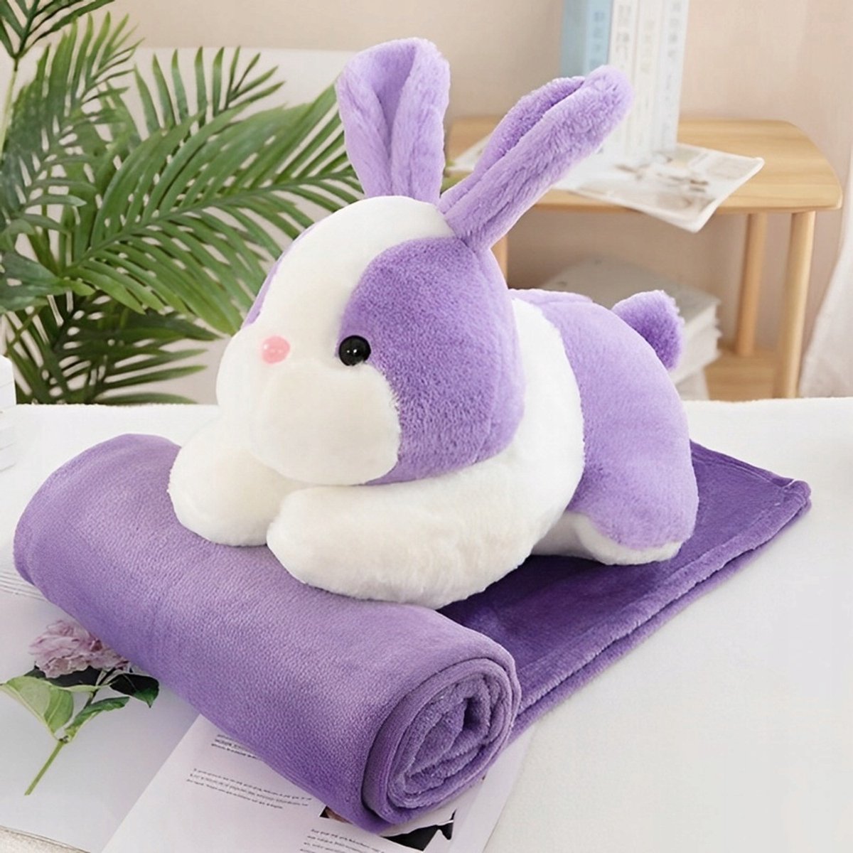 Pluche Konijn Knuffel met Dekentje - Paars - 3-in-1