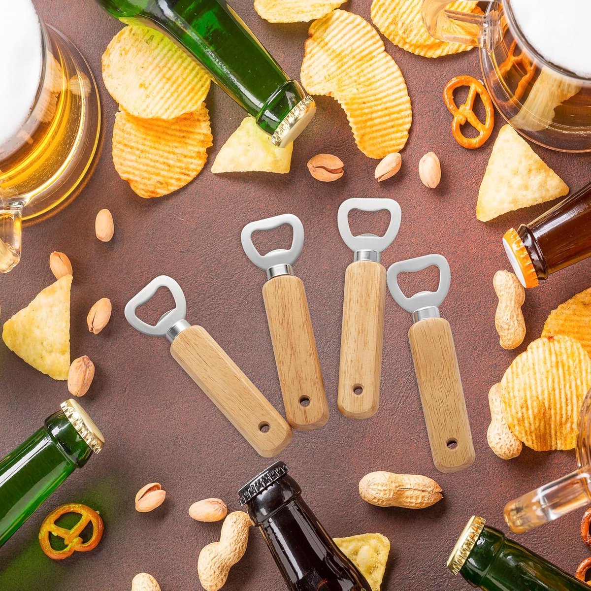 Sander Shop Graveerbare flesopener van hout, 4 stuks handbediende bierflesopeners voor dranken, cider, bar, thuisgadgets
