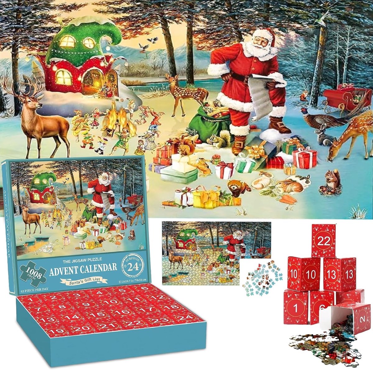 Puzzel Adventskalender 2025 - Adventskalender - kerstpuzzel met 1008 stukjes - 24 dozen - 1008 stukjes - aftellen tot Kerstmis - voor volwassenen en kinderen - rood