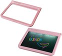 Roze lichttablet met 'FASHION' en pumps, boven leeg frame.