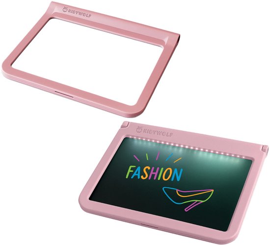 Roze lichttablet met 'FASHION' en pumps, boven leeg frame.