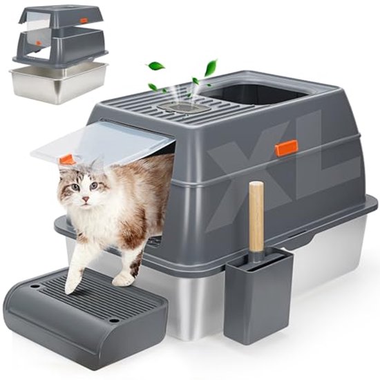 Bartuke Roestvrijstalen kattenbak met deksel, afgesloten verwijderbare metalen kattenbak voor supergrote katten met hoge zijbehuizing, schep, pedaal, anti-lekkage, niet plakkerig, eenvoudige reiniging