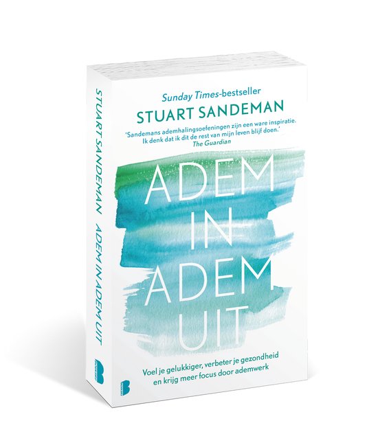 Boek met de titel Adem in adem uit, met aquarelverf aquablauwe en groene strepen en witte tekst.