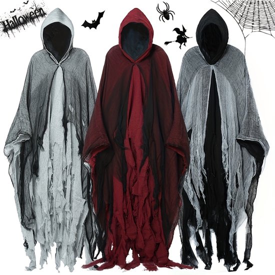 Halloween Mantel - Skelet Kleding - Halloween Spook Cosplay Kostuum - Unisex Gotische Horror Gescheurde Capuchon Capes Voor Kinderen - Dag Van De Doden Feestaccessoires - Rood, One Size