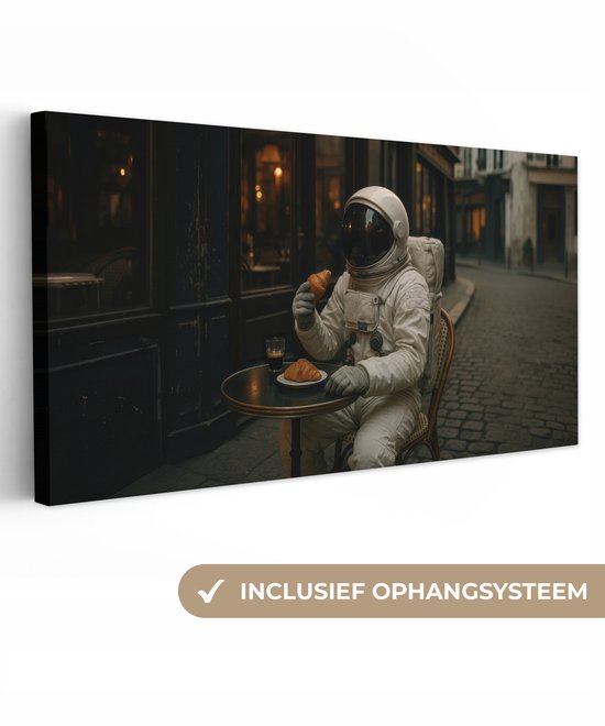 Canvas schilderij 100x50 cm - Exclusieve wanddecoratie Café - Croissant - Koffie - Astronaut - Muurdecoratie woonkamer - Slaapkamer decoratie - Kamer accessoires - Schilderijen op canvas