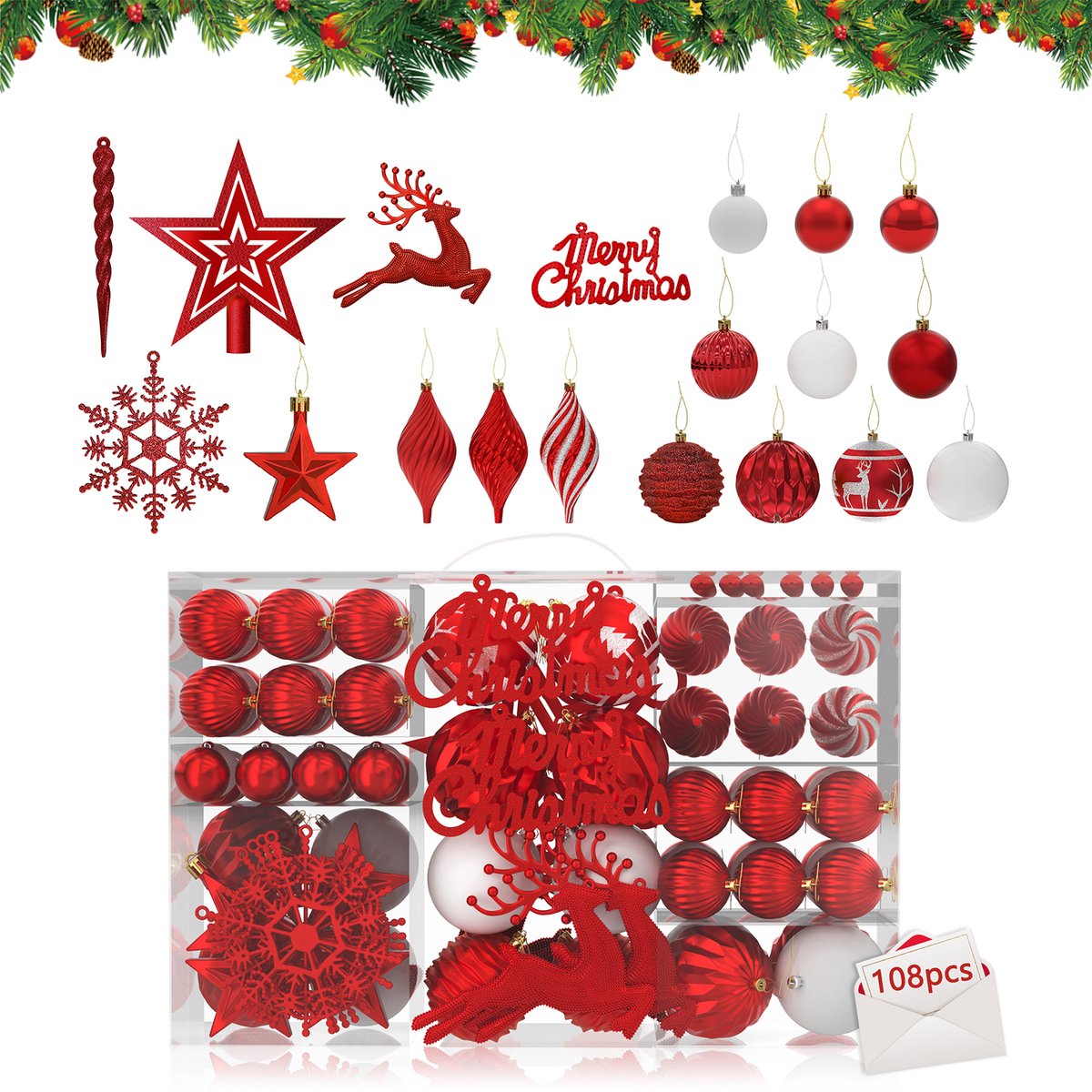 108 Stuks Kerstballen Kleine Kerstboomballen Kunststof Met Hangsluitje Kerstdecoratie Ballen Kerstversiering Decoratie Kerstboomversiering, Rood