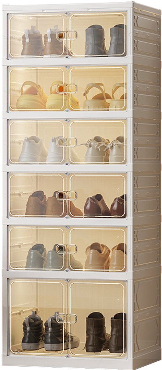 OFMOTRA Schoenenrek - Schoenenkast - Schoenenbox - 6 Niveaus - Opvouwbaar - tot 12 Paar Schoenen -Schoenen Opbergsysteem - Stijlvol - 116.8 x 35 x 45 cm - Transparant - Wit