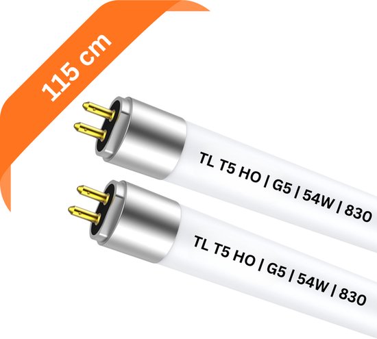 Twee TL-buizen van 115 cm met G5 fitting, 54W, 830 warm wit.