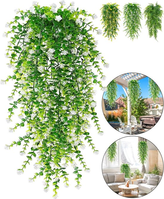 Hangende kunstplant met groene bladeren en kleine witte bloemen, met een close-up van gele en groene varianten.