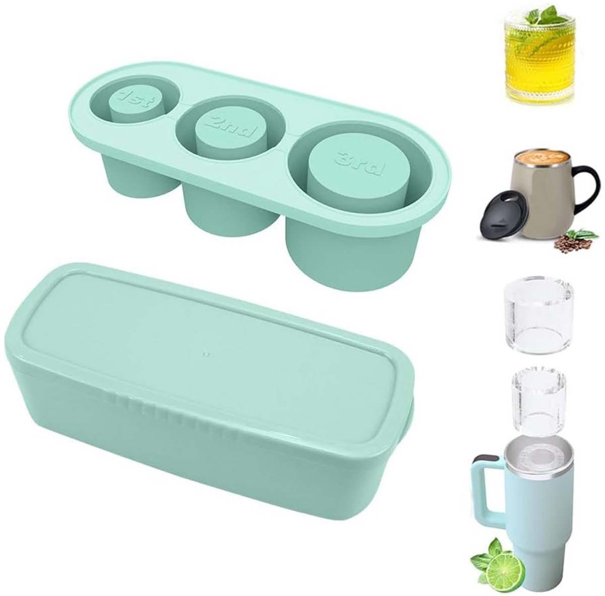 QTTVBTNA -Silikonen IJsblokjesvorm met Deksel – 3-delige Set voor Grote Bekers 20–40 oz – Herbruikbare Cilindrische IJsblokjesmaker voor Drankjes, Cocktails, Smoothies en IJskoffie