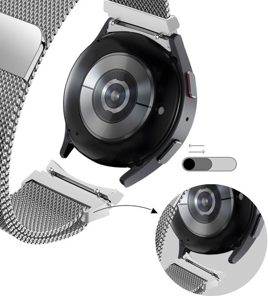 Bracelet de montre milanais argenté avec fermeture magnétique, gros plan sur le fermoir et le dos de la montre.