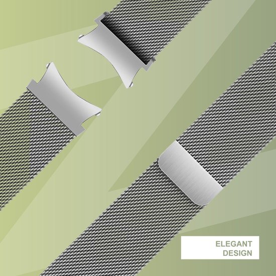 Bracelet de montre milanais argenté avec une structure en acier tressé et des attaches métalliques.