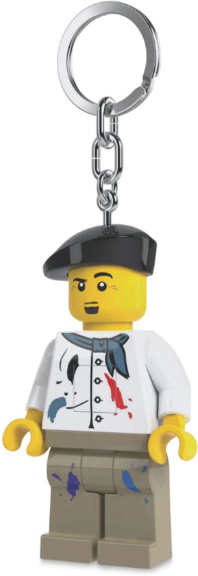 Lego-kunstenaarssleutelhanger met baret, wit schildershemd met verfvlekken en beige broek.