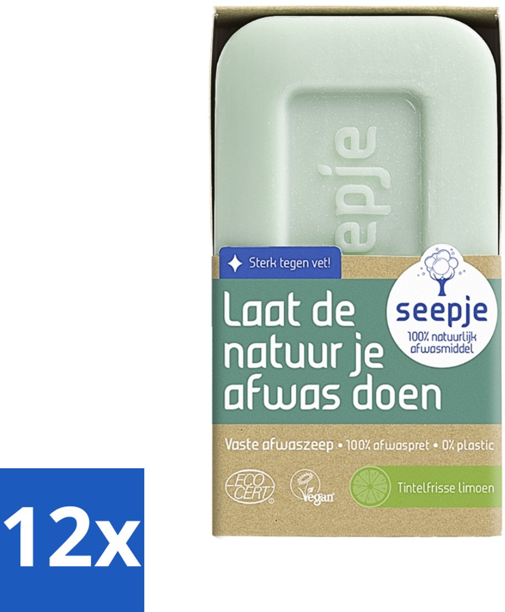 12 x Seepje - Afwaszeep - Handgemaakt & Biologisch - Tintelfrisse Limoen Geur - 120 gr - Afwaszeep - Biologische Afwaszeep - Handgemaakte Zeep - Limoen Geur - Plasticvrije Afwaszeep