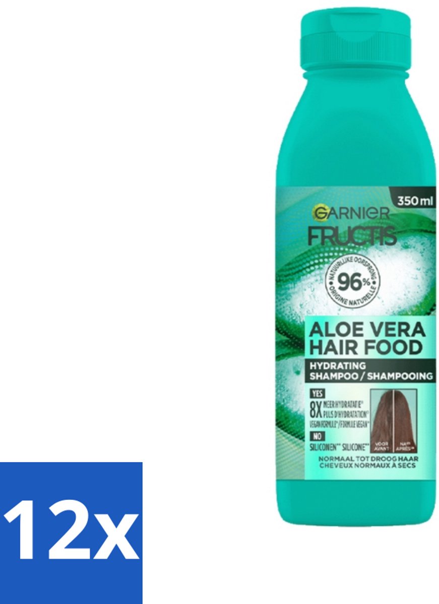 12 x Garnier - Fructis Hair Food Aloe Vera - Shampoo - Normaal tot Droog Haar - 350 ml - Aloe Vera Shampoo - Hydraterende Shampoo - Shampoo Voor Droog Haar - Vegan Shampoo - Natuurlijke Shampoo
