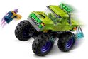 Groene LEGO monster truck met 'Hulk Smash!' op de zijkant, rijdt weg van Thanos.