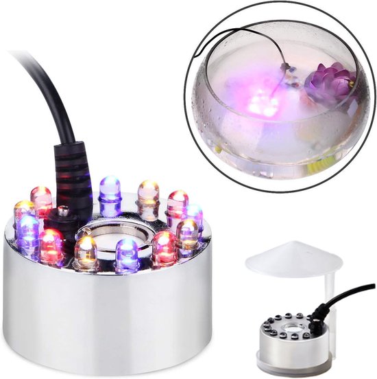 Vernevelaar - Ultrasone rookmachine - Rookmachinebeschermer -Luchtbevochtiger- Halloween-rookmachine - 4.6*4.6*2 cm- met 12 verwijderbare led's - Gratis waterkeringframe-Waterornament - Geschikt voor vijvers, aquaria, tuinen en Halloween-decoraties