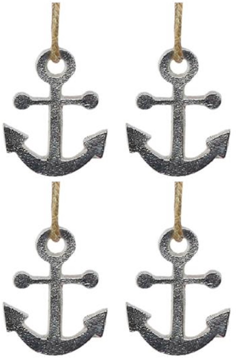 Maritieme zilveren anker hangertjes aan jute touw, 6 cm lang. Set van 8 stuks, perfecte kerstboom hangers.