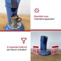 Blauwe Senseo koffiezetapparaat met koffiekopje en 7 flessen Eccellente ontkalker.