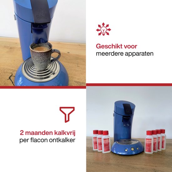 Blauwe Senseo koffiezetapparaat met koffiekopje en 7 flessen Eccellente ontkalker.