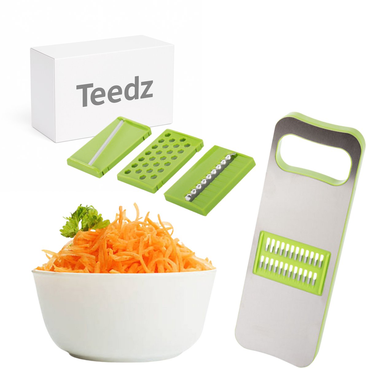Teedz - Groenterasp 4-in-1 – Slicer & Shredder – Met Verwisselbare Bladen – Rasp voor Groente en Fruit – Met Magneet – RVS - Snijder Roestvrij Staal - Multifunctionele