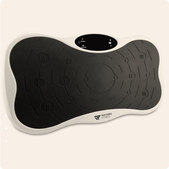 De Rockerz trilplaat in het wit met zwart platform en het Rockerz Fitness logo.