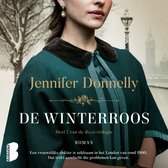 Een vrouw met een donkergroene jas en een donkere kraag, met de titel 'De Winterroos' en 'Jennifer Donnelly'.