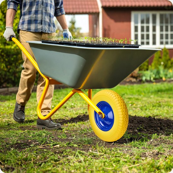 GARRONDA - PU Massief Wiel 4.80/4.00-8 lekvrij onderhoudsvrij tot 100 kg Kruiwagenwiel Vervangwiel Kruiwagen met As Stalen Velg Kogellager voor Tuinwagen Erf Bouwplaats GD-0165, Geel-Blauw van Garronda — afbeelding 2