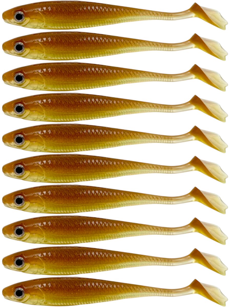S&D | Shad Set 10 Stuks – 9cm / 5.5g – Bruin – Realistisch Kunstaas met Glitters & Schubbenpatroon – Voor Snoek, Baars & Roofvis