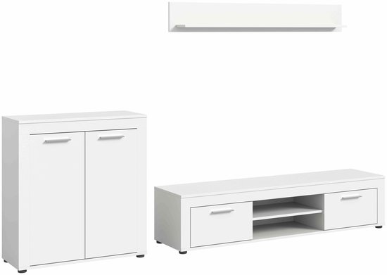 Witte woonkamermeubels: een vitrinekast, een tv-meubel en een wandplank.
