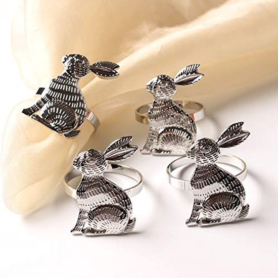 6 Pcs Easter Bunny Napkin Rings Rabbit Napkin Ring Holders Mental Table Decor for Easter New Year Thanksgiving Festival Party Banquet Dinner Spring Table Decoration (Silver)
