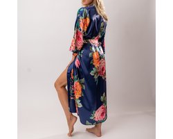 Dames Kimono satijn , blauw met bloemen, lang model, one size, Luxe cadeau vrouw