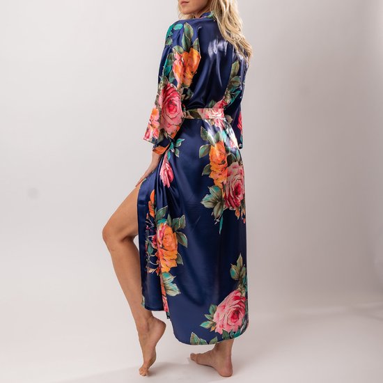 Dames Kimono satijn , blauw met bloemen, lang model, one size, Luxe cadeau vrouw