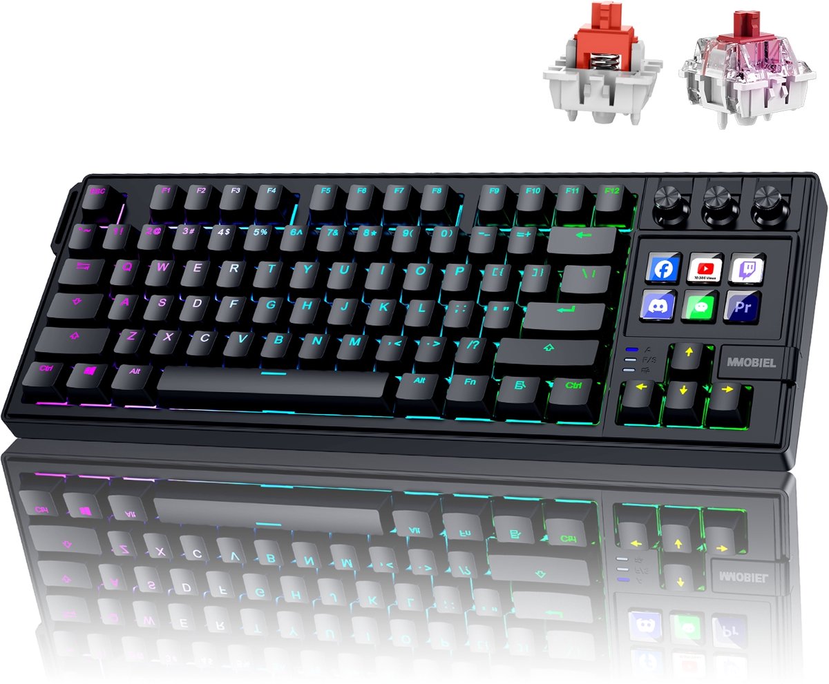 Mechanisch Toetsenbord met Shortcut keyboard van MMOBIEL - QWERTY Hot-Swappable RGB Keyboard met 6 Programmeerbare LCD Macrotoetsen & 3 Draaiknoppen voor Streamen, Videobewerking