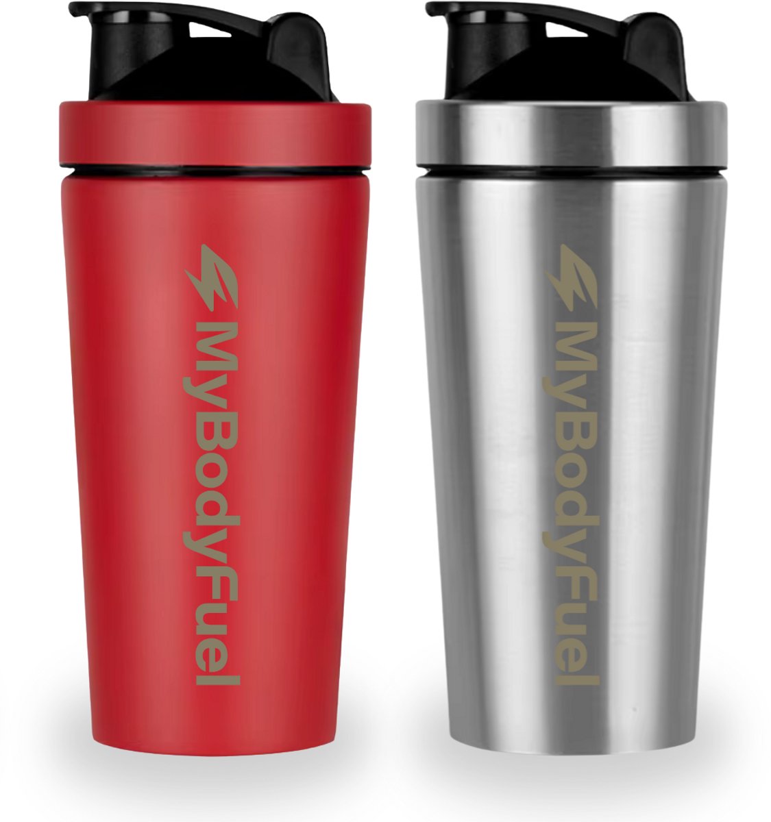 MyBodyFuel - RVS Shakebeker - 750 ml - met mixballetje & Mixfilter - Rood en Zilver - Set van 2 - Shaker - BPA-vrij