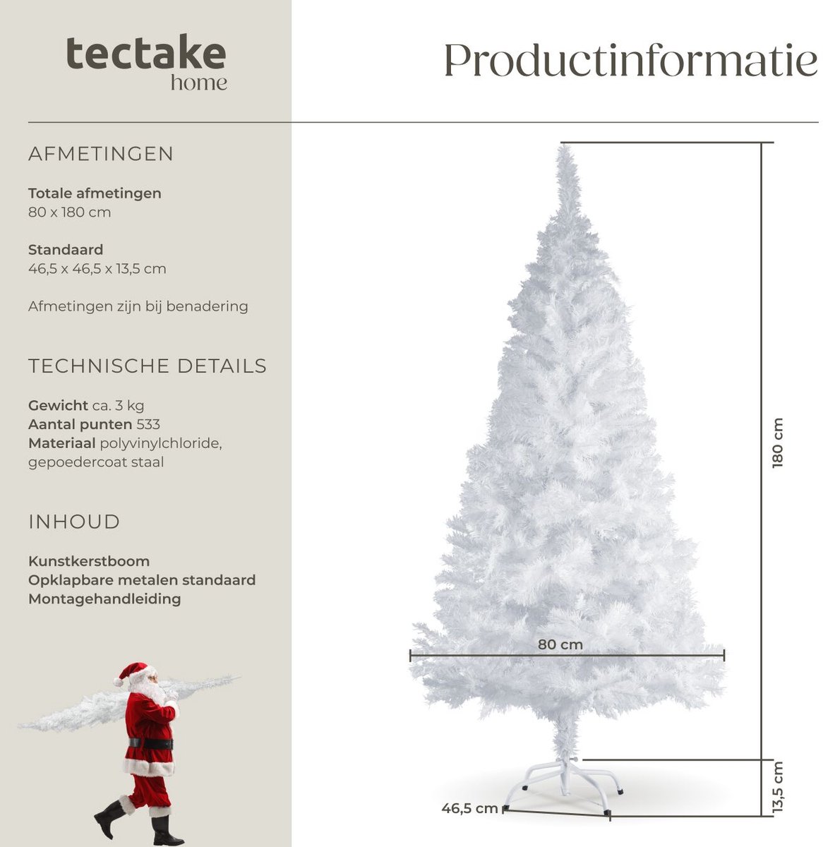 tectake® Kunstkerstboom - Levensecht met flexibele takken - Volumineus - Stabiel en eenvoudig te monteren - Kunstkerstboom als kerstversiering - 180cm - 533 takken - Wit – foto 6