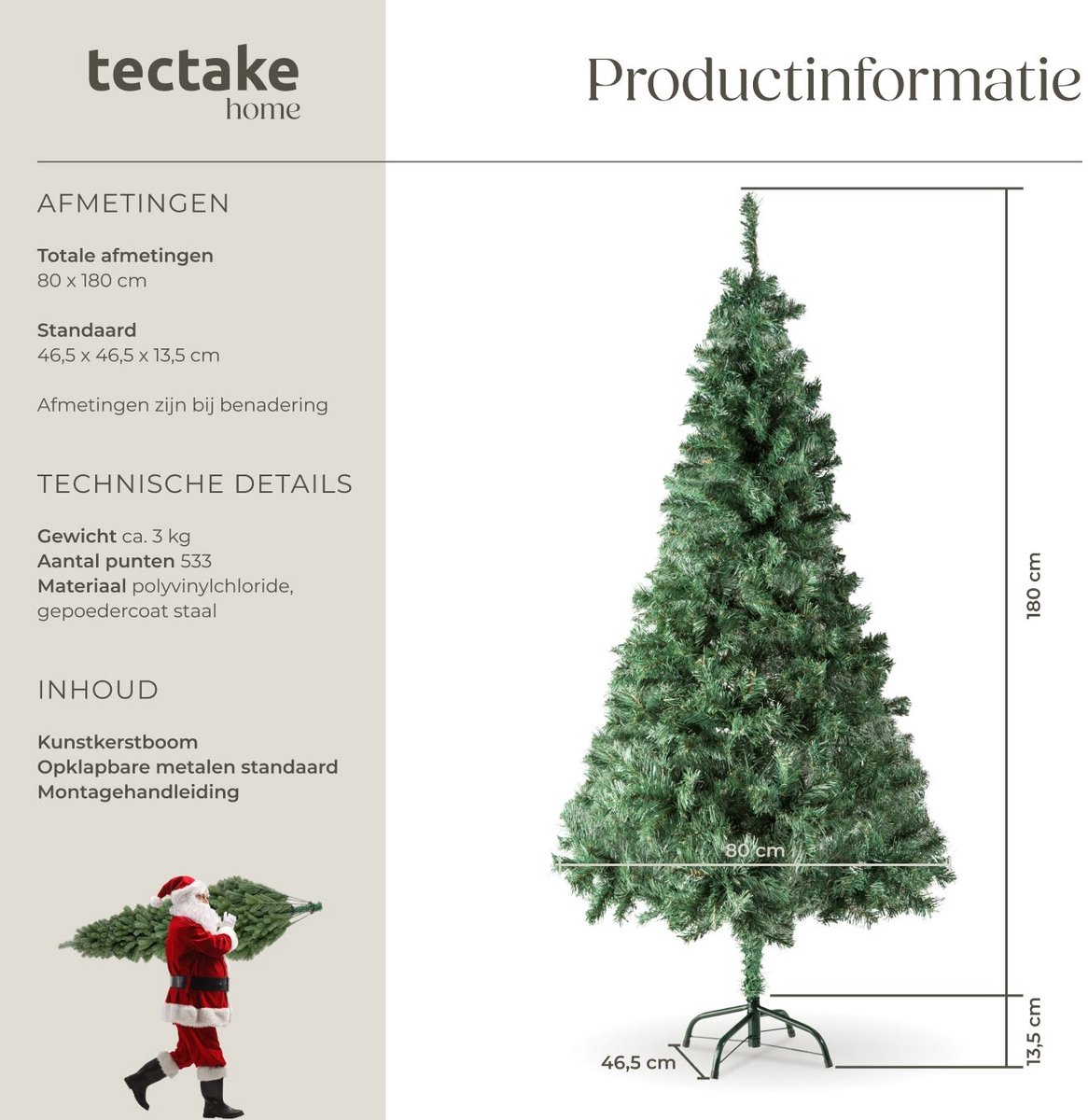 tectake® Kunstkerstboom - Levensecht met flexibele takken - Volumineus - Stabiel en eenvoudig te monteren - Kunstkerstboom als kerstversiering - 180cm - 533 takken - Groen – foto 4