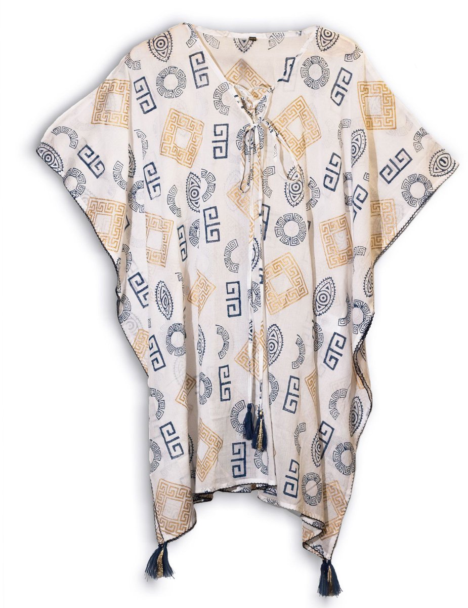 Nomad Sari On the Med Collectie Kaftan & Grieks Motief Handbeschilderd Blauw